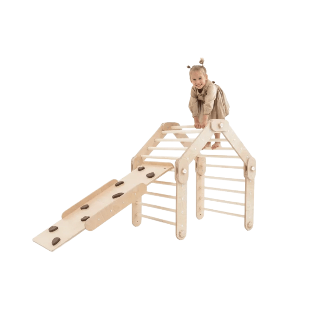 Transformer Kletterdreieck FULL MOON + 1 Rutsche | Natur | 30 Formen | 98 cm | Rutsche wählbar aus 6 Farben - Kletterling – einfach Kind sein