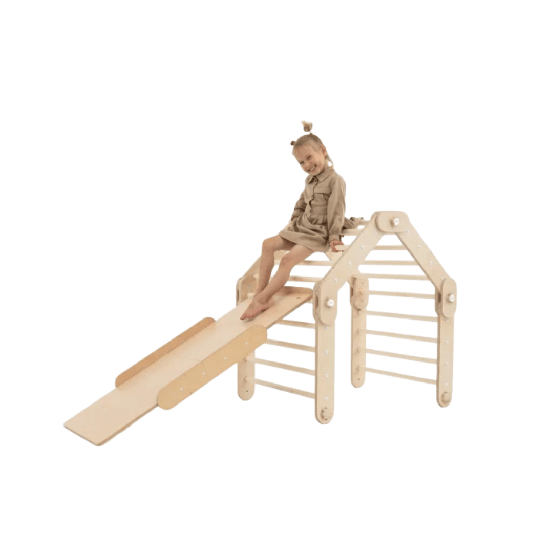 Transformer Kletterdreieck FULL MOON + 1 Rutsche | Natur | 30 Formen | 98 cm | Rutsche wählbar aus 6 Farben - Kletterling – einfach Kind sein