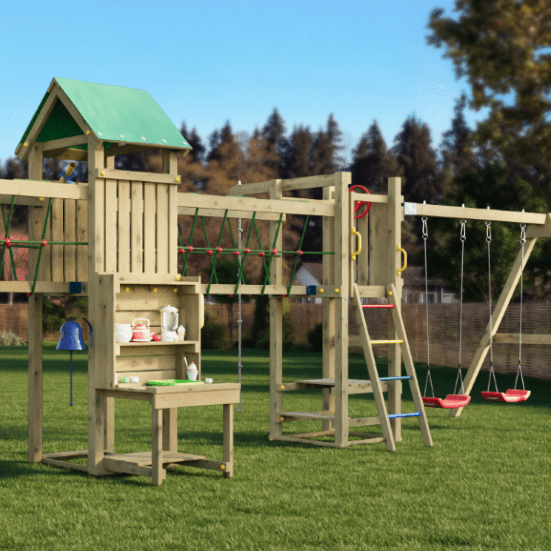 Spielturm GOO SPACE | Klettergerüst OUTDOOR | 3 Türme | 2 Brücken | Matschküche & mehr - Kletterling – einfach Kind sein