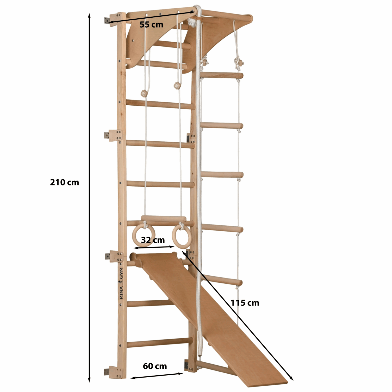 Sprossenwand + Rutsche | 80 kg | 210x70 cm | Klimmzug | Seilleiter | Gymnastikringe - Kletterling – einfach Kind sein