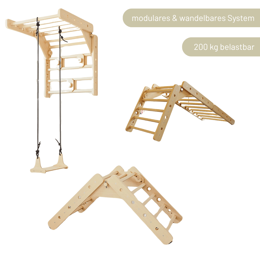 Sprossenwand EMMA SIX + Schaukel | 4 Module | 200 kg belastbar | 6 Aufbauvarianten | modulares System - Kletterling – einfach Kind sein