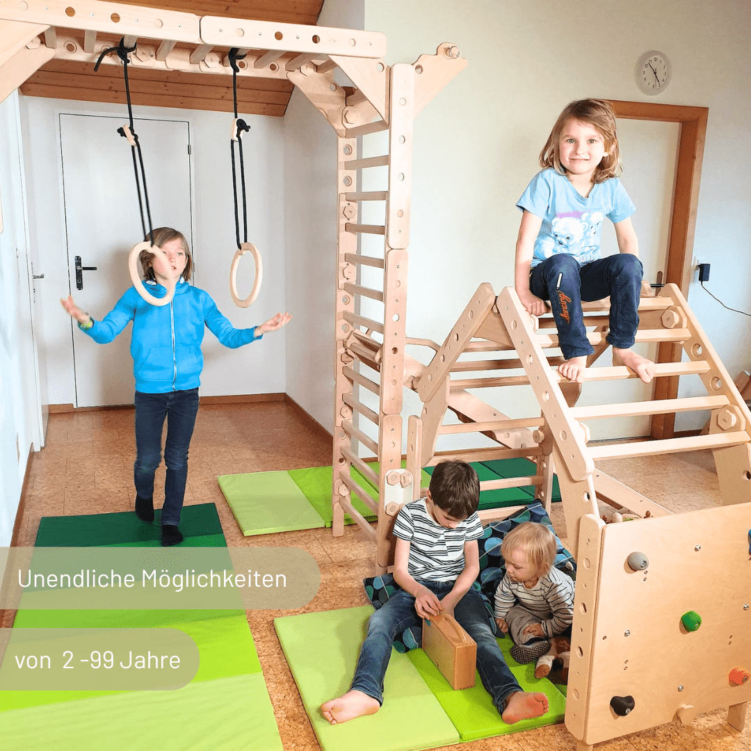 Sprossenwand EMMA SIX + Schaukel | 4 Module | 200 kg belastbar | 6 Aufbauvarianten | modulares System - Kletterling – einfach Kind sein