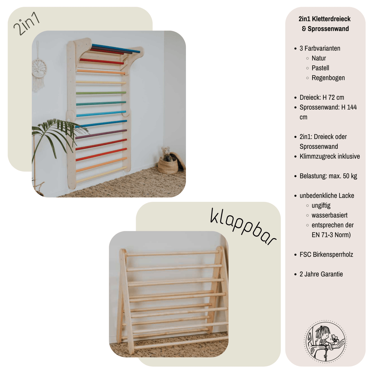 Kletterdreieck GO UP 2in1 | Sprossenwand | 68 - 144 cm | wandelbar | in 3 Farben | Zubehör erhältlich - Kletterling – einfach Kind sein