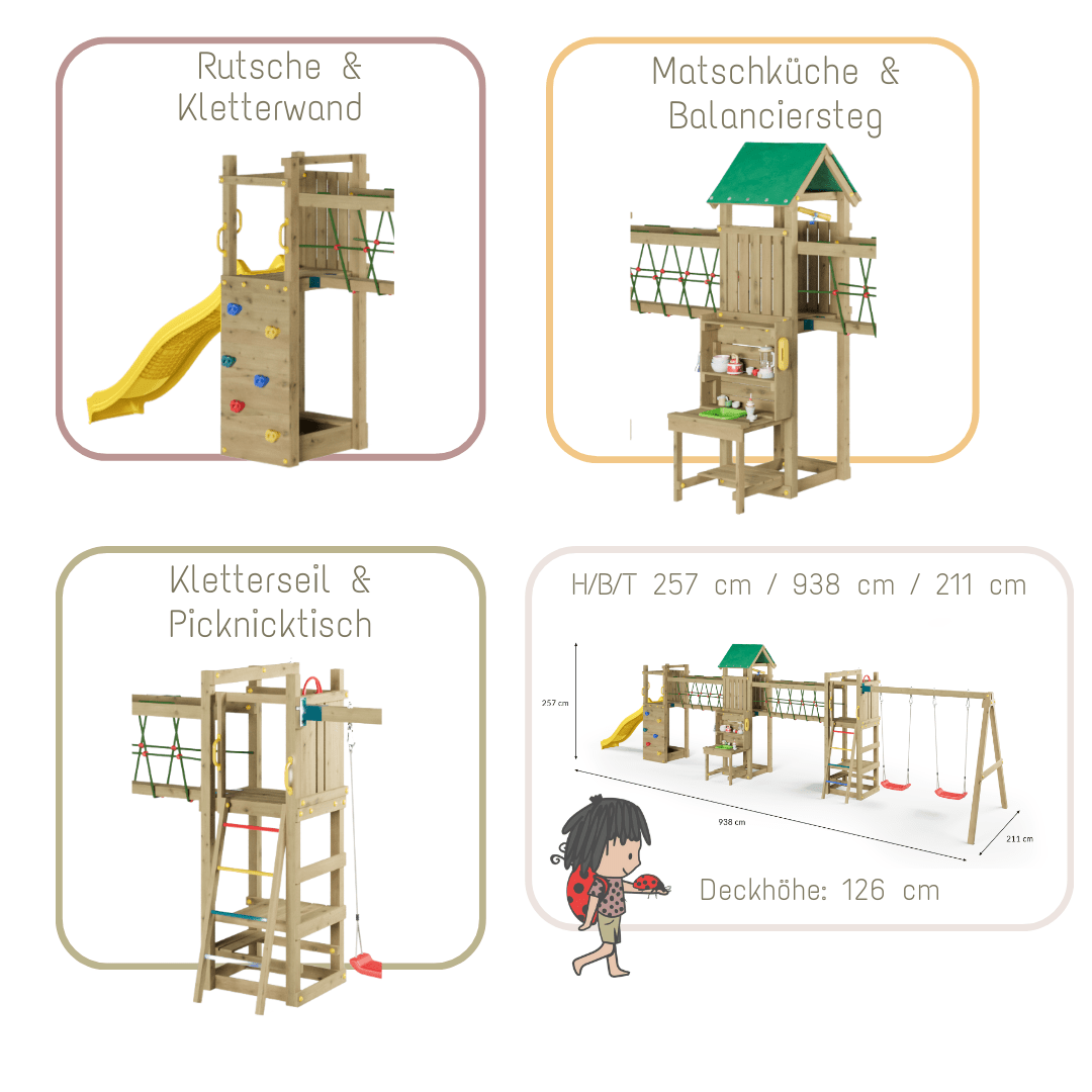 Spielturm GOO SPACE | Klettergerüst OUTDOOR | 3 Türme | 2 Brücken | Matschküche & mehr - Kletterling – einfach Kind sein