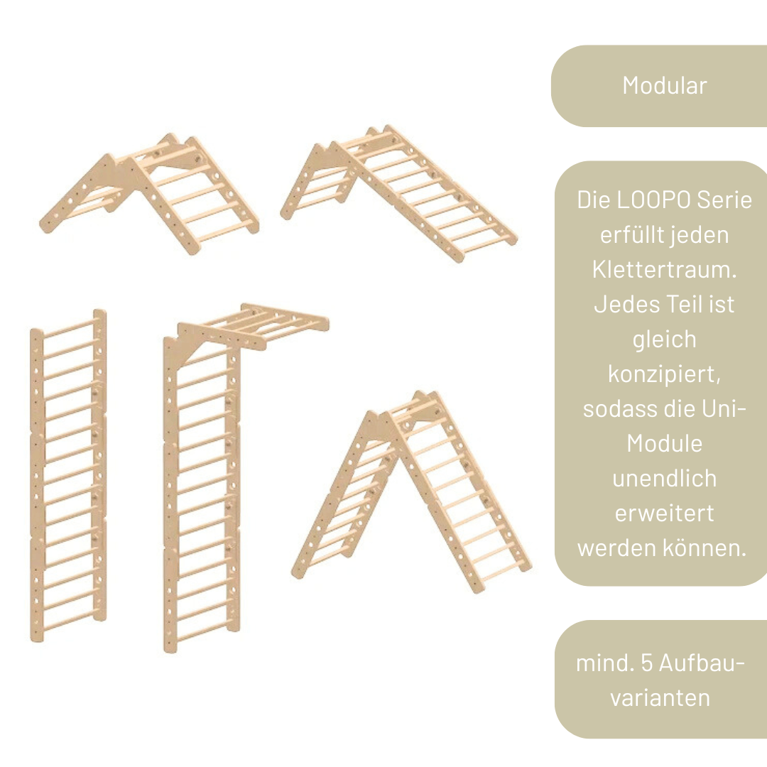 Sprossenwand LOOPO MINI GYM 5in1 |  180 kg belastbar | 2–99 Jahre | 5+ Aufbauvarianten - Kletterling – einfach Kind sein