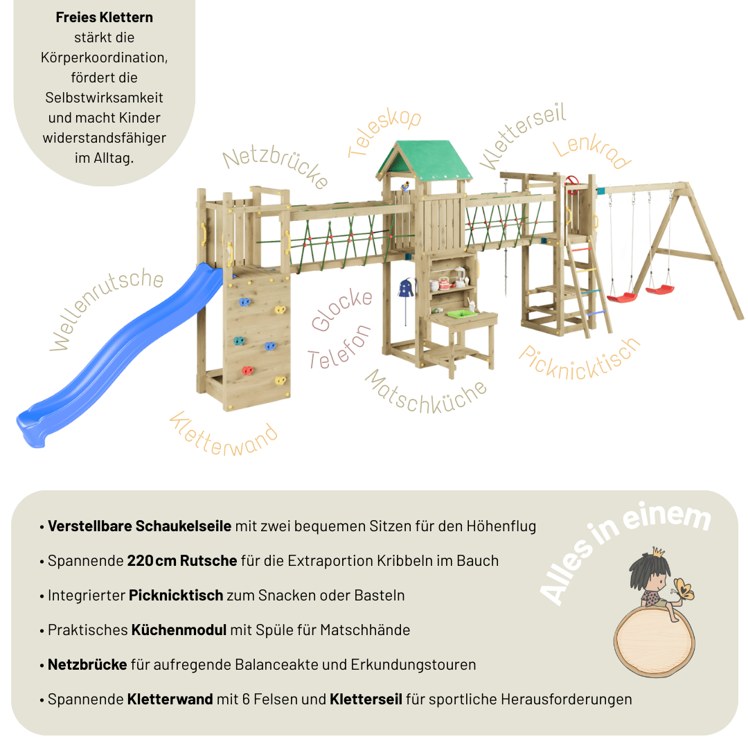 Spielturm GOO SPACE | Klettergerüst OUTDOOR | 3 Türme | 2 Brücken | Matschküche & mehr - Kletterling – einfach Kind sein