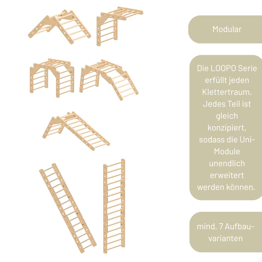 wandelbare Sprossenwand LOOPO MONKEY  7in1 | 200 kg belastbar | 2–99 Jahre | 7 Aufbauvarianten | modulares System - Kletterling – einfach Kind sein