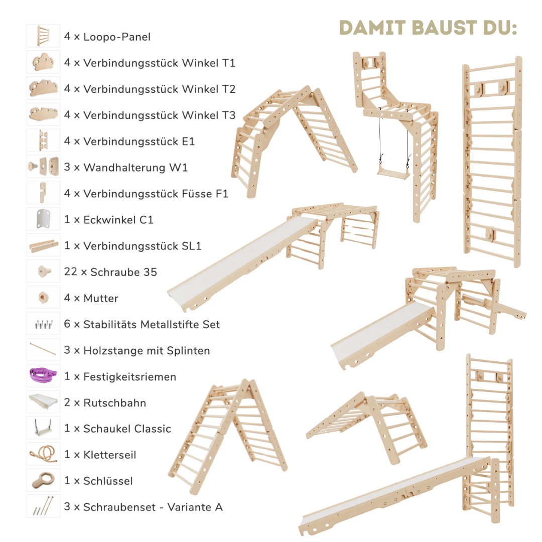Sprossenwand LOOPO JUNGLE 20in1 | 200 kg belastbar | 2–99 Jahre | 20 Aufbauvariante - Kletterling – einfach Kind sein