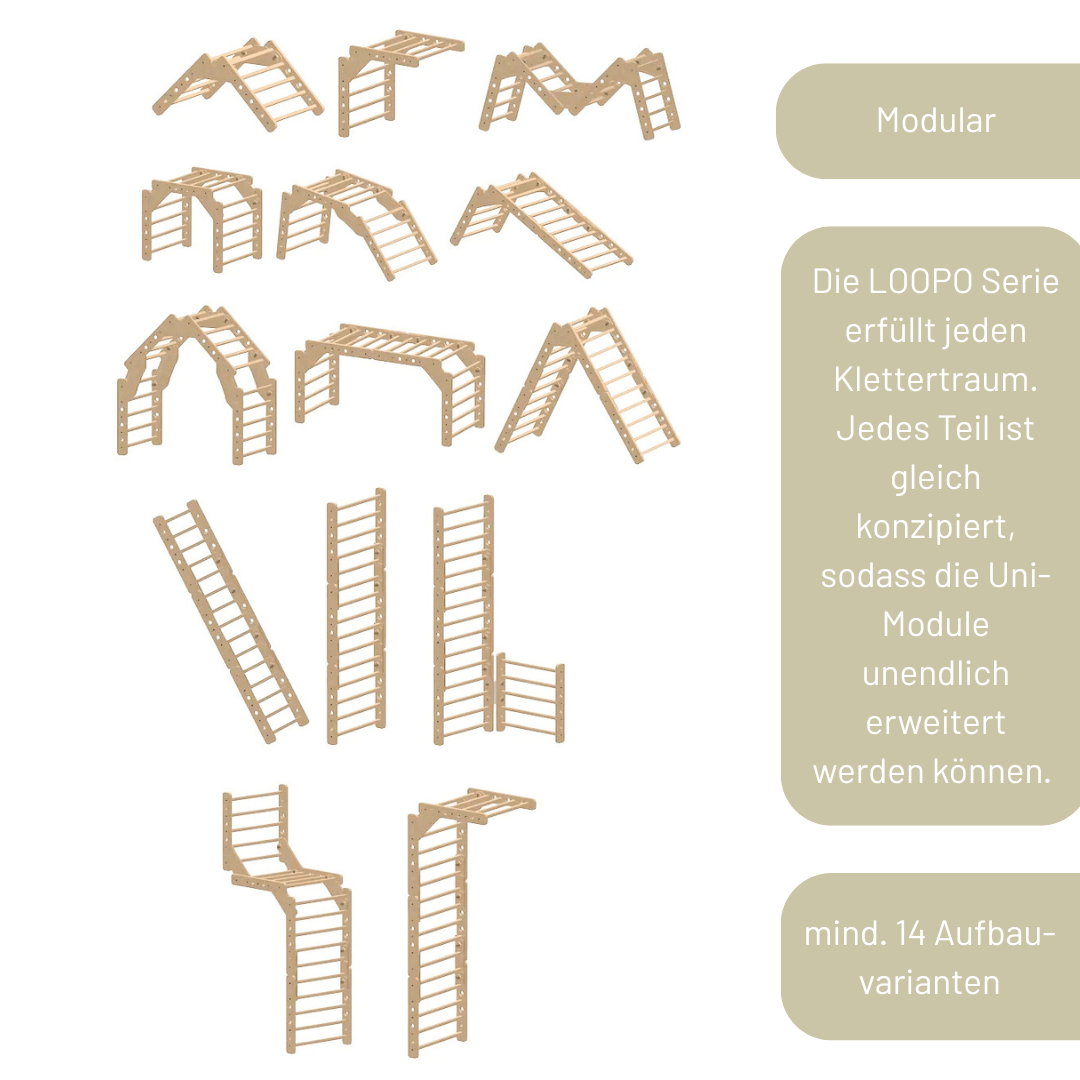 Sprossenwand LOOPO JUNGLE 20in1 | 200 kg belastbar | 2–99 Jahre | 20 Aufbauvariante - Kletterling – einfach Kind sein