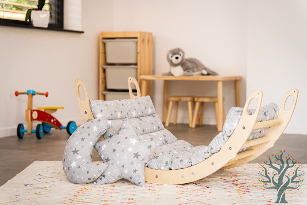 Kletter - Set mit Rollenrutsche 4in1 (Medium) - Wippe, klappbares Dreieck, Klettersteig & Rollrutsche - Förderung der motorischen Fähigkeiten ab 2 Jahren - Kletterling – einfach Kind sein