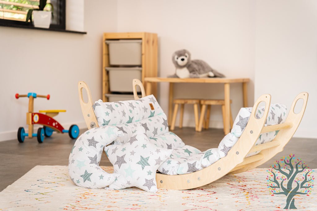 Kletter - Set mit Rollenrutsche 4in1 (Medium) - Wippe, klappbares Dreieck, Klettersteig & Rollrutsche - Förderung der motorischen Fähigkeiten ab 2 Jahren - Kletterling – einfach Kind sein