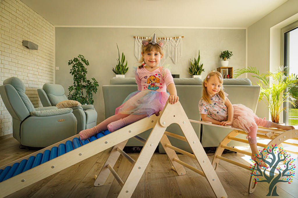 Kletter - Set mit Rollenrutsche 4in1 (Medium) - Wippe, klappbares Dreieck, Klettersteig & Rollrutsche - Förderung der motorischen Fähigkeiten ab 2 Jahren - Kletterling – einfach Kind sein