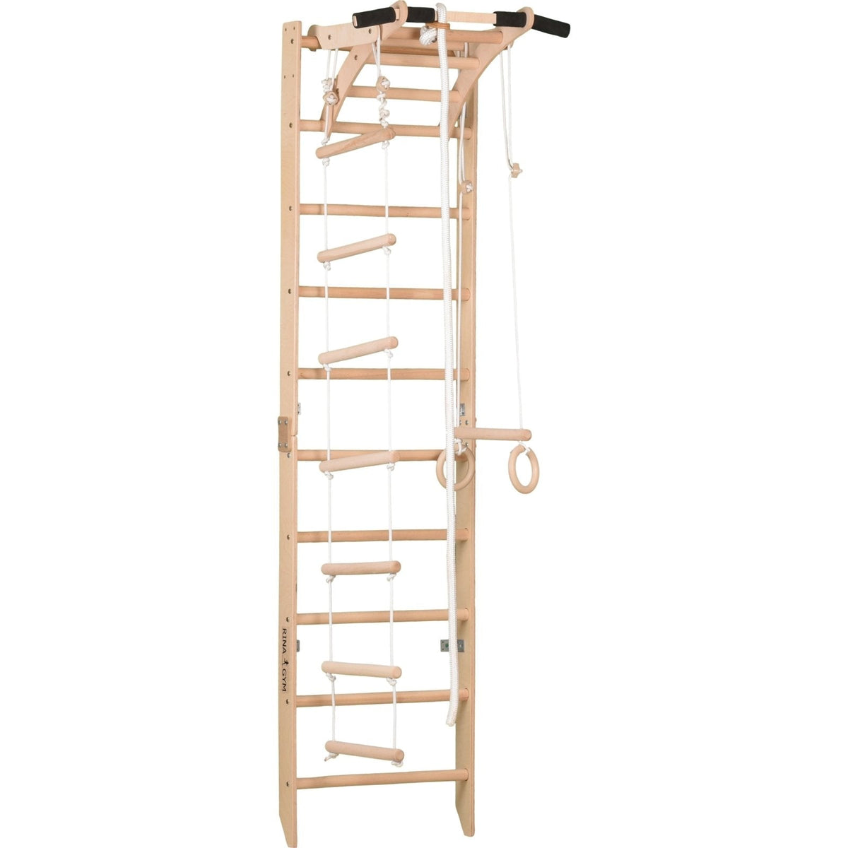 Sprossenwand 100 kg | 230x58 cm | Klimmzug mit Griffen | Seilleiter | Gymnastikringe - Kletterling – einfach Kind sein