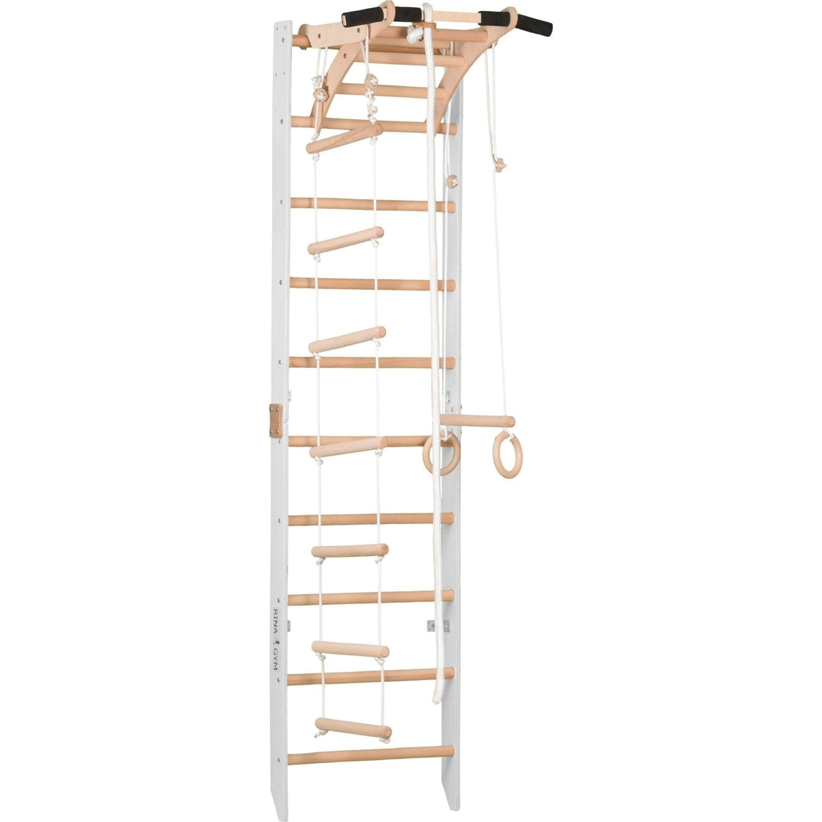 Sprossenwand 100 kg | 230x58 cm | Klimmzug mit Griffen | Seilleiter | Gymnastikringe - Kletterling – einfach Kind sein