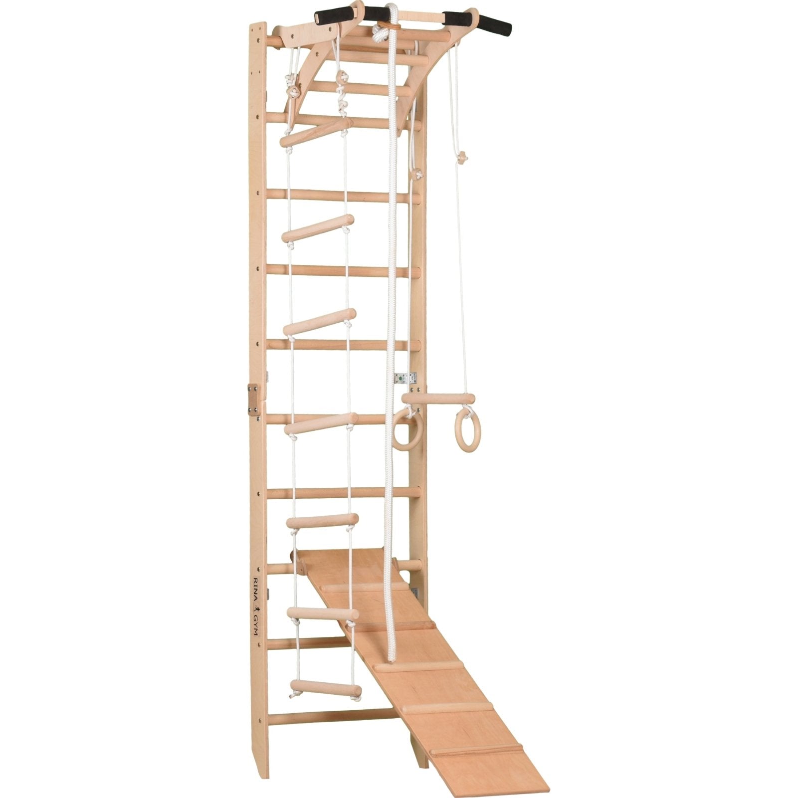 Sprossenwand 100 kg | 230x58 cm | Klimmzug mit Griffen | Seilleiter | Gymnastikringe - Kletterling – einfach Kind sein