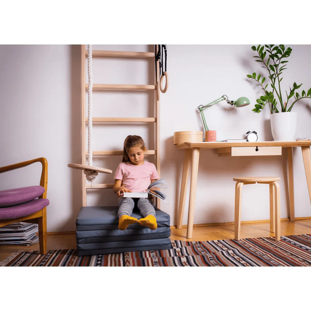 Sprossenwand BENCH PLAYGYM | Turnringe, Kletterseil, Tellerschaukel | 220 cm x 64 cm - Kletterling – einfach Kind sein