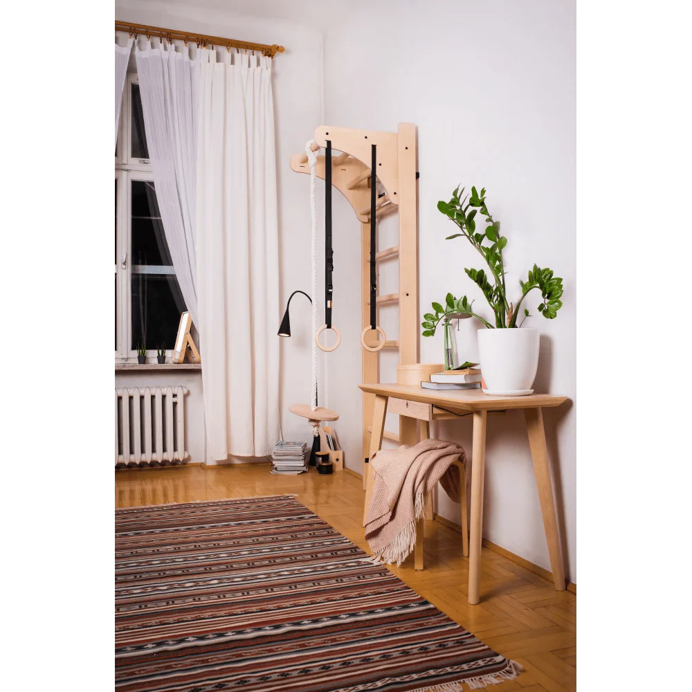 Sprossenwand BENCH PLAYGYM | Turnringe, Kletterseil, Tellerschaukel | 220 cm x 64 cm - Kletterling – einfach Kind sein