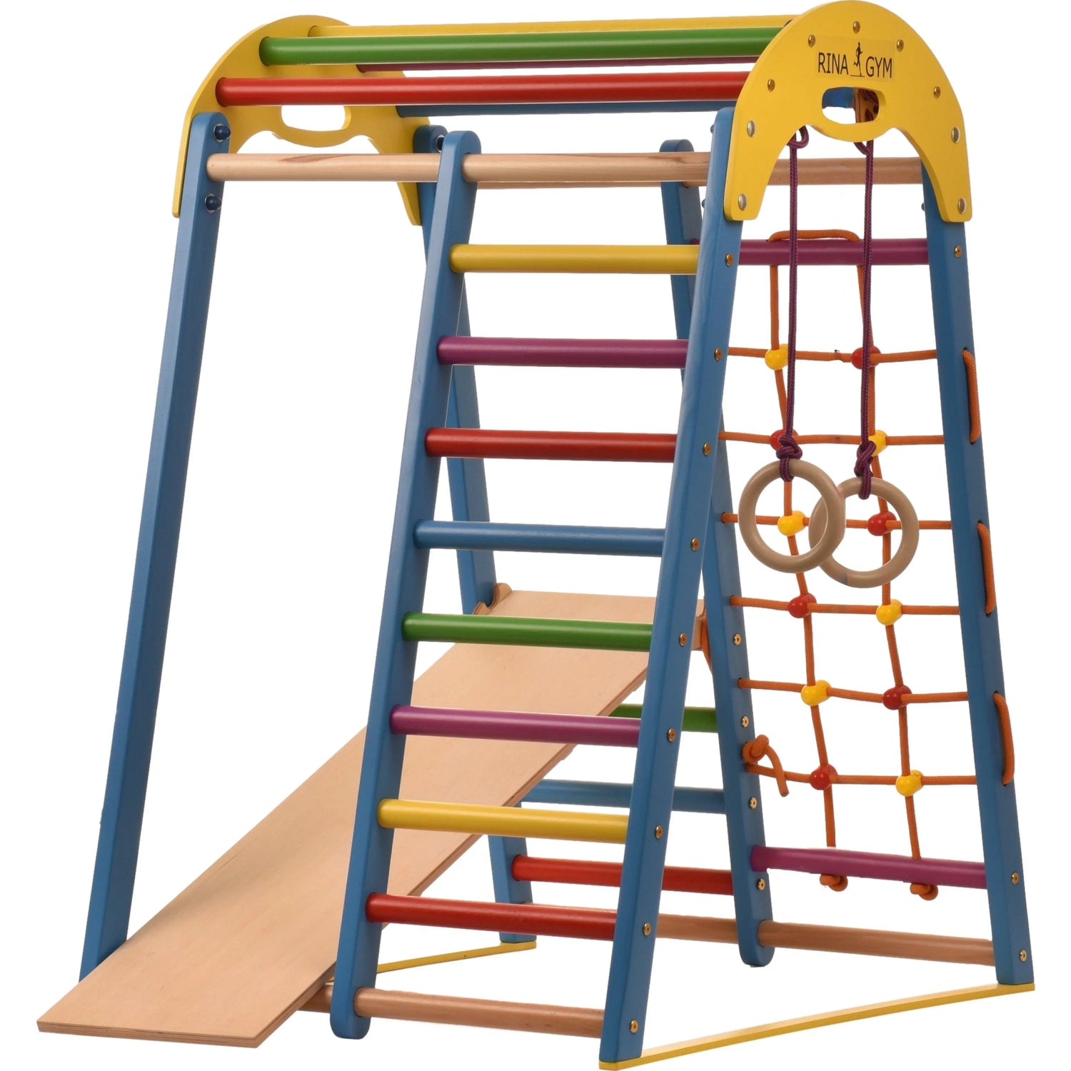 Klettergerüst FARBENWELT GYM | Sprossenwand, Netz, Ringe | ab 3 Jahren - Kletterling – einfach Kind sein