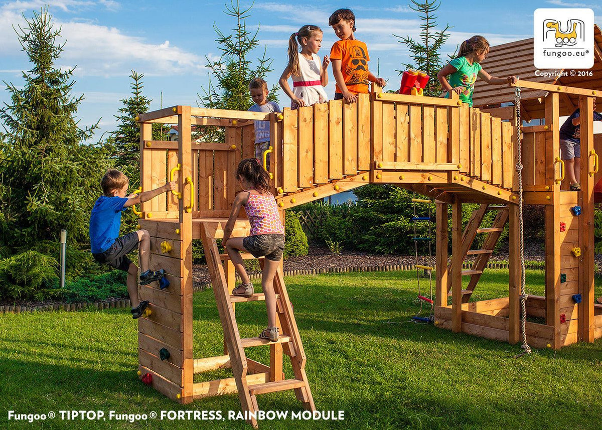 Spielturm Maxi Set Fun Gym mit 2x Spielturm, Rutsche, Kletterturm, Kletterwand, Schaukel - Kletterling – einfach Kind sein