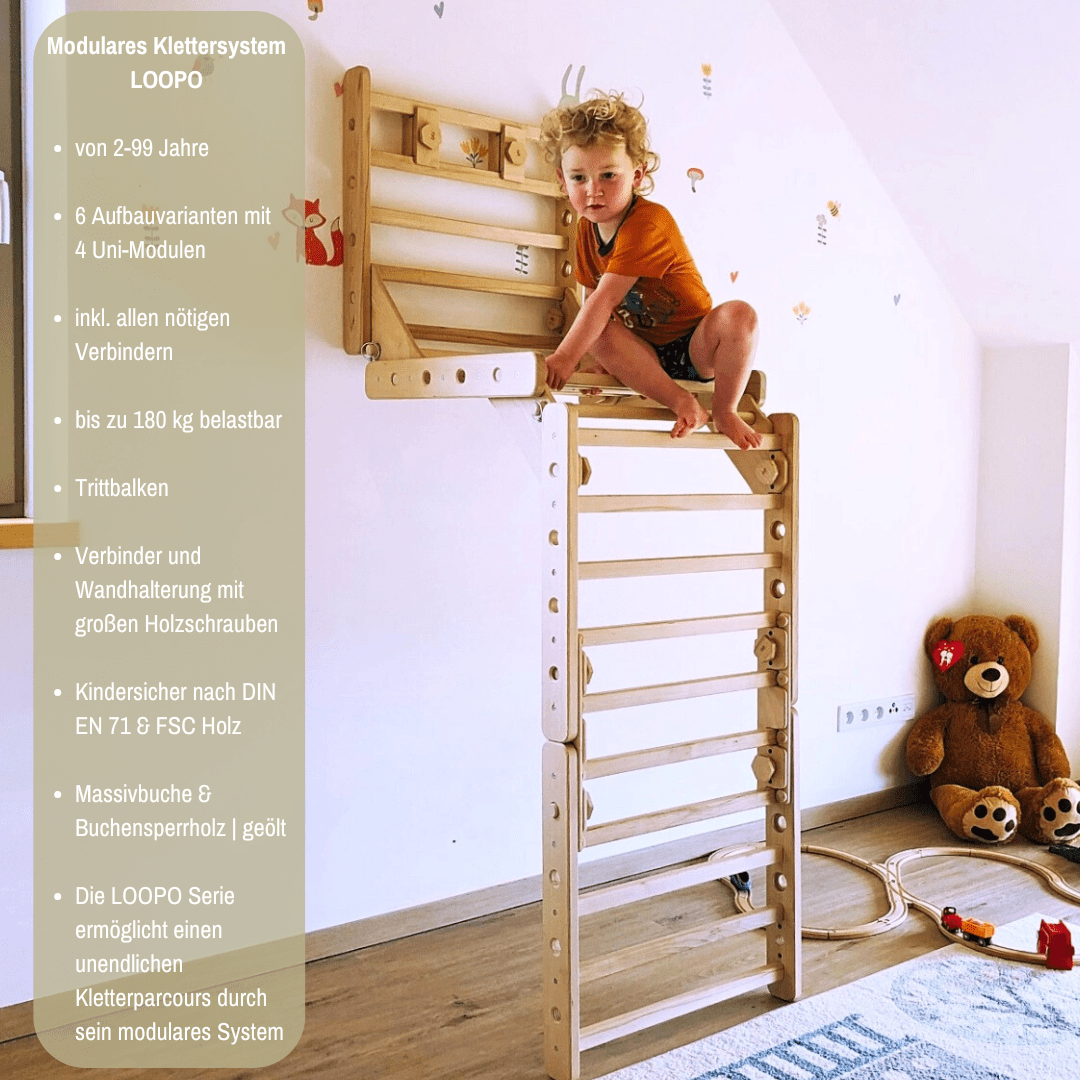 Sprossenwand LOOPO CLIFF + Schaukel | 4 Module | 200 kg belastbar | 6 Aufbauvarianten | modulares System - Kletterling – einfach Kind sein